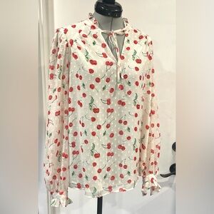 Joie Cherry Print Blouse, red/green on white, long sleeves, XS, EUC